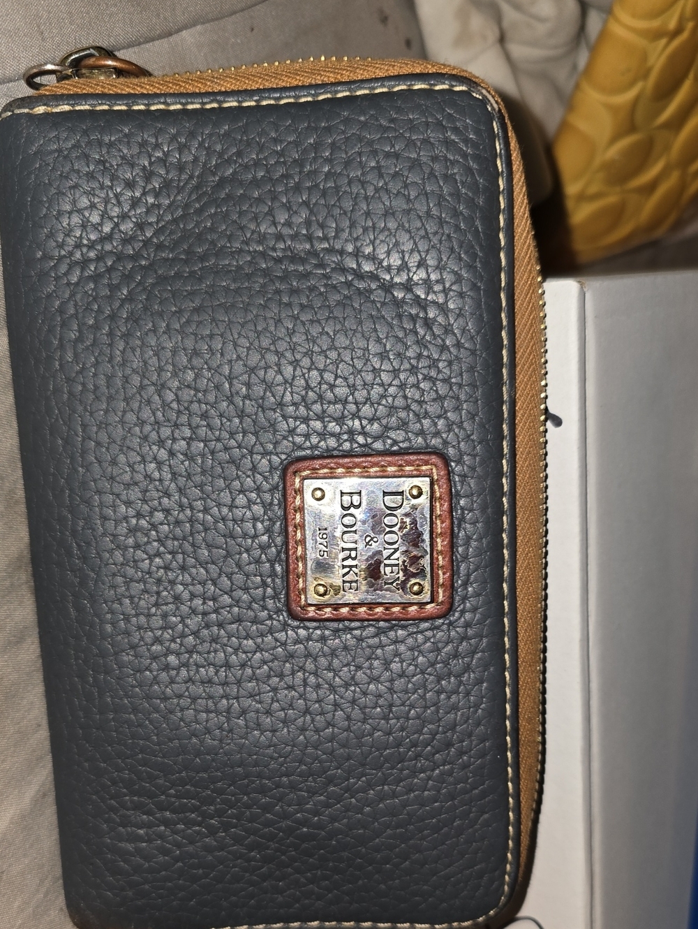 Dooney & Bourke Navy Pebbled Leather Zip-Around Wallet with Tan Trim